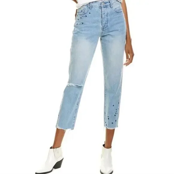 Neon Blonde Siren Starstruck Straight Leg Jeans NWT High Rise Embroidered 25 - Picture 2 of 8